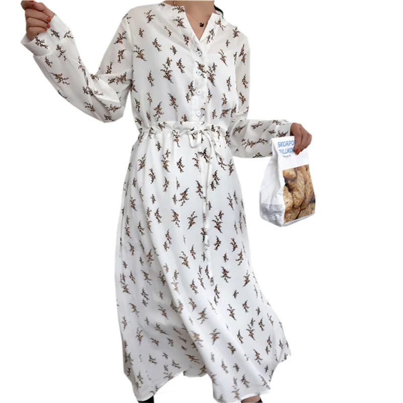 

Mori Girl Spring Summer Long Dress V-neck Floral Printed Female Vestidos Cotton Casual Loose Black White Women Dress RE0487