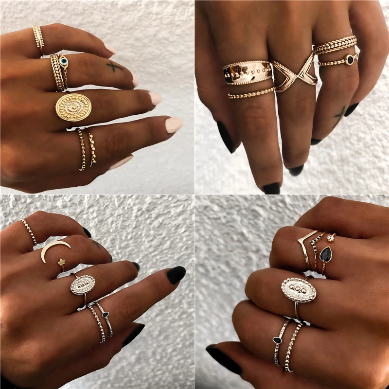 

Modyle 6 pc/set Bohemian Gold Color Eye Flower Rings Set for Women Geometric Alloy Knuckle Midi Rings Boho Jewelry