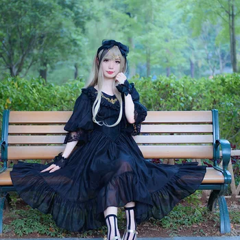 

2017 new summer Lolita elegant vintage lace chiffon black/white color sweet palace princess dress Gothic Lolita dress