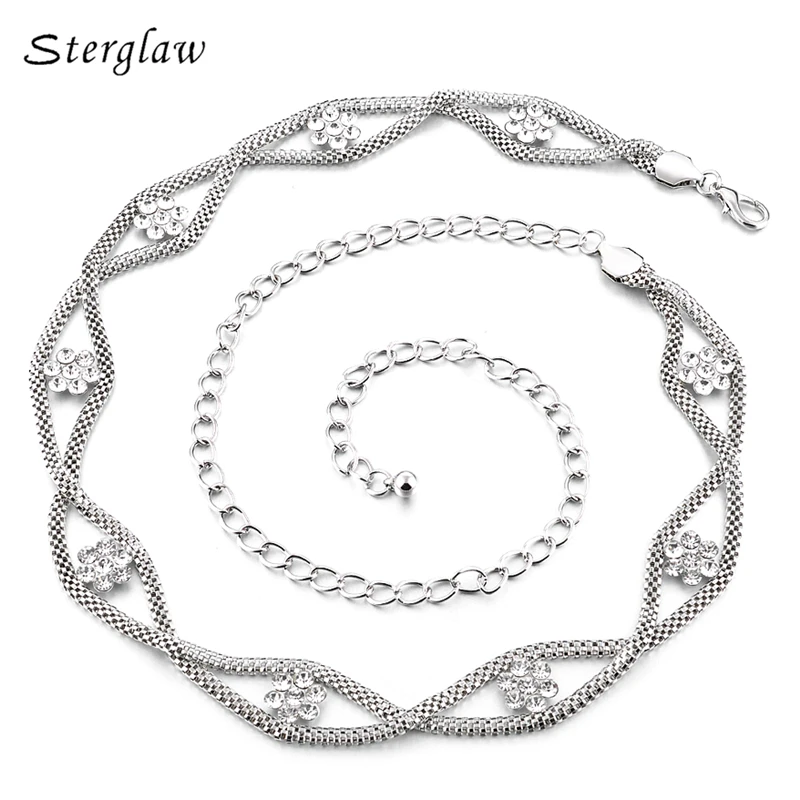 European Style Silver Plated Metal Rhinestone Waist Chain Belts Crystal