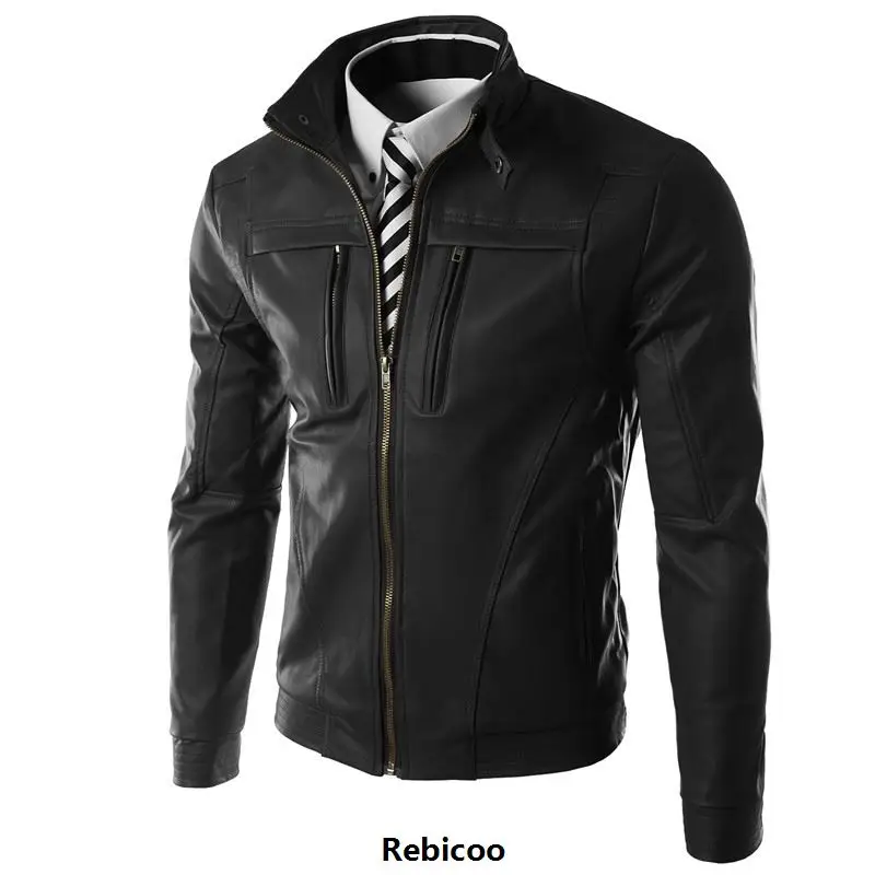 Новинка, повседневная приталенная мужская кожаная куртка, модная мужская куртка из искусственной кожи, одноцветная Мужская куртка с воротником-стойкой, Rebicoo269 - Цвет: Black