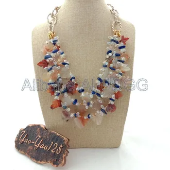 

23" 3 Rows Red OnyxLeaf Lapis Crystal Necklace