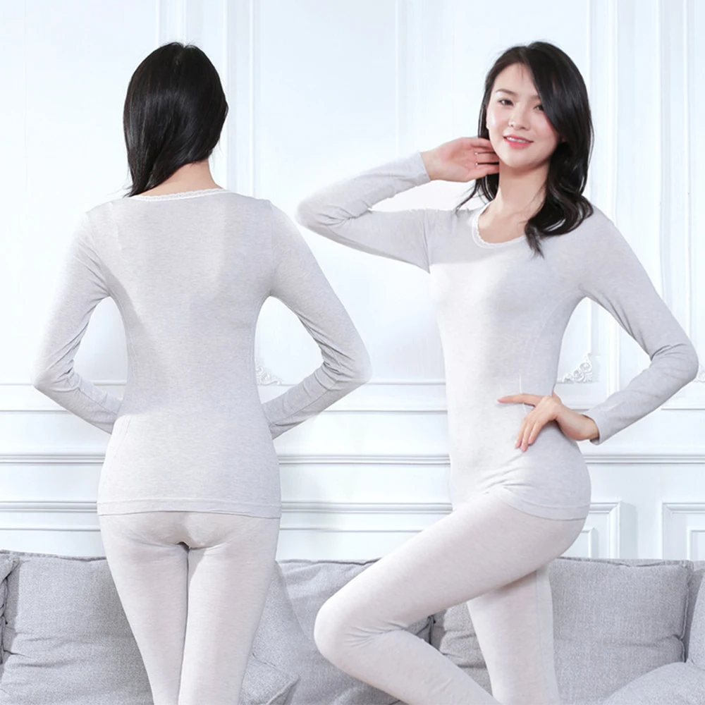

2pcs Suit Slim Ladies Underwear Thermal Bottoms Solid Color Bottoming Shirt Thin Round Neck Women Thermal Underwears Tops+Pants