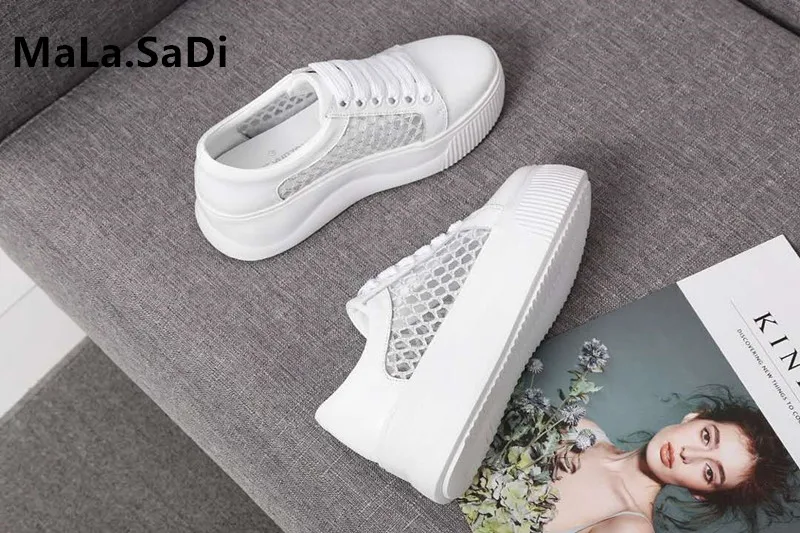 2019 New Fashion Breathable Air Mesh Women's flat platform Casual Shoes Comfortable Woman Sneakers Genuine Leather White Shoes