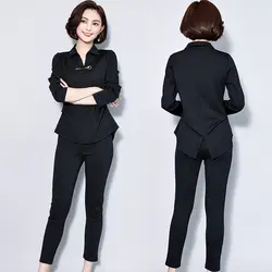 Luoyifxiong осень элегантный благородный комплект из 2 частей Женская одежда Co-ord набор черный топ и штаны костюмы офис плюс Размеры 3xl 4xl 5xl наряды