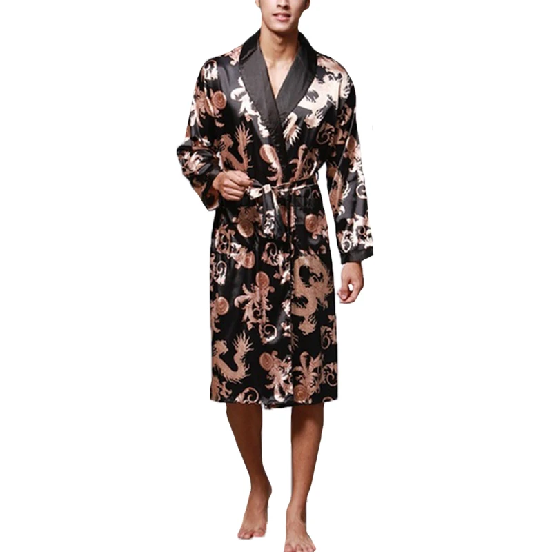 Стильный счастливый Дракон принт мужской халат с длинными рукавами Шелковый кимоно пижамы Винтаж Китайский халат пижамы Hombre