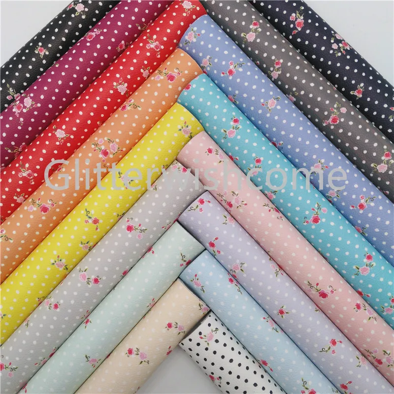 

Glitterwishcome 21X29CM A4 Size Faux Leather Fabric, Flowers Dots Printed Synthetic Leather Fabric Sheets for Bows, GM438A