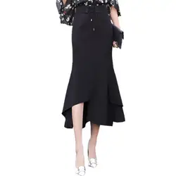 Асимметричные макси длинные юбки для женщин черный Бандаж с высокой талией Осень Хип-обернутый Bodycon Асимметричные оборки юбка Longa Faldas