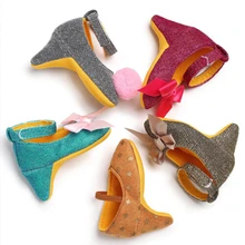 Новые туфли на высоком каблуке с блестками для новорожденных девочек детская кожаная обувь принцессы с бантиком и помпоном для малышей Лидер продаж