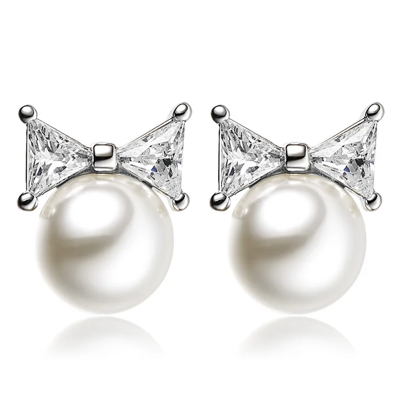 Free Shipping Fashion Crystal Bow Crown Cat Shape with White Pearl Stud Earrings For Women | Украшения и аксессуары