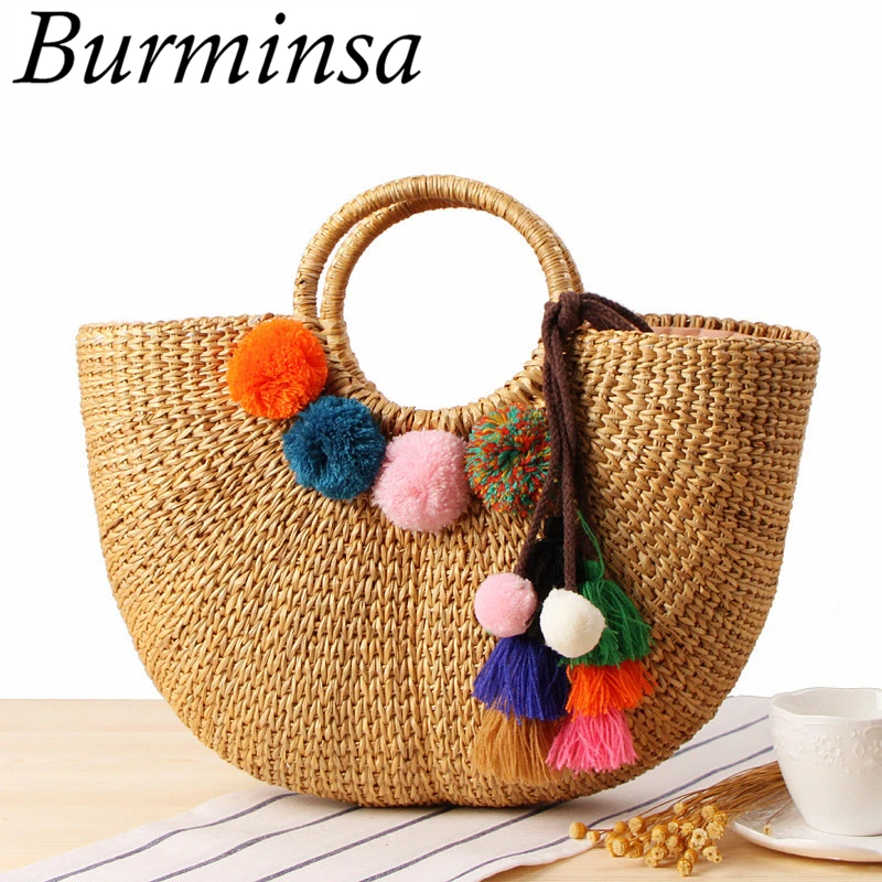 

Burminsa Summer Big Rattan Basket Beach Bag Women Hairball Straw Tote Bag High Quality Ladies Casual Holiday Woven Handbags 2020