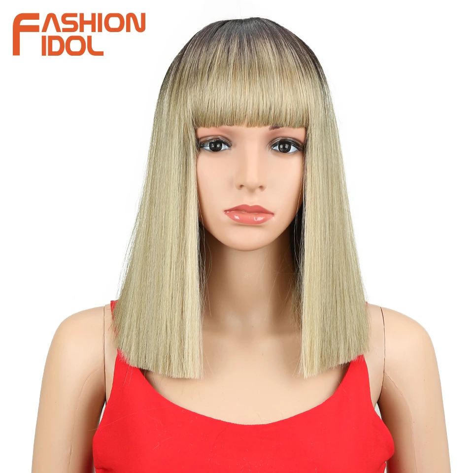 FASHION IDOL Synthetic Wigs For Black Women 14" Straight Ombre Linen