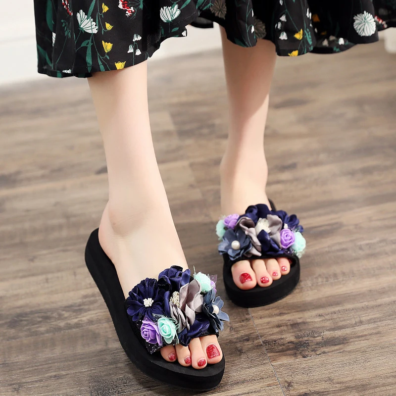 Womens Slippers Summer Flower Flat-soled Sandals One-word Slippers Korean Version Fashion Leisure Ladies Shoes slippers female