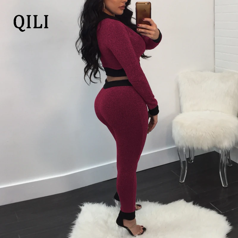 QILI Для женщин капюшоном комбинезоны осень-зима с длинным рукавом Bodycon комбинезон комплект из двух предметов в стиле пэчворк блеск