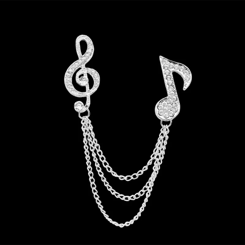 Crystal Music Note Chain Brooch Pin, Shirts Neck Collar Tips with Layers Tassel Chain Blouse Lapel Pins for men women