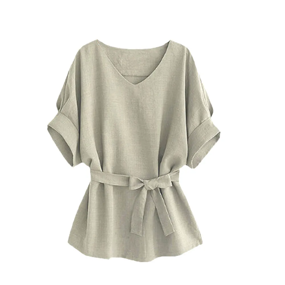 

Feitong Ladies Elegant Tops and Blouses Women's V Neckline Self Tie Short Sleeve Blouse Shirt Female 2019 Summer Solid Blouse