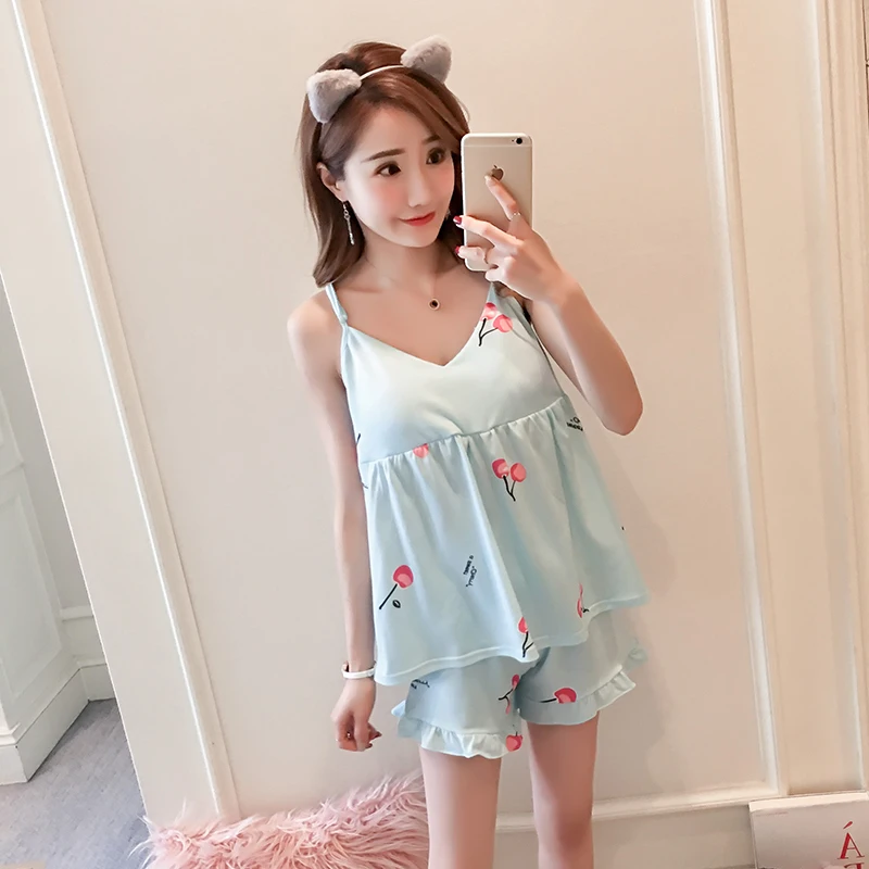 

Summer New Lounge Women Pajamas Suit Sexy Sleepwear Shortless Sleeve Pyjamas with Chest Pad Girl Short Pajamas Pant Sling Tops