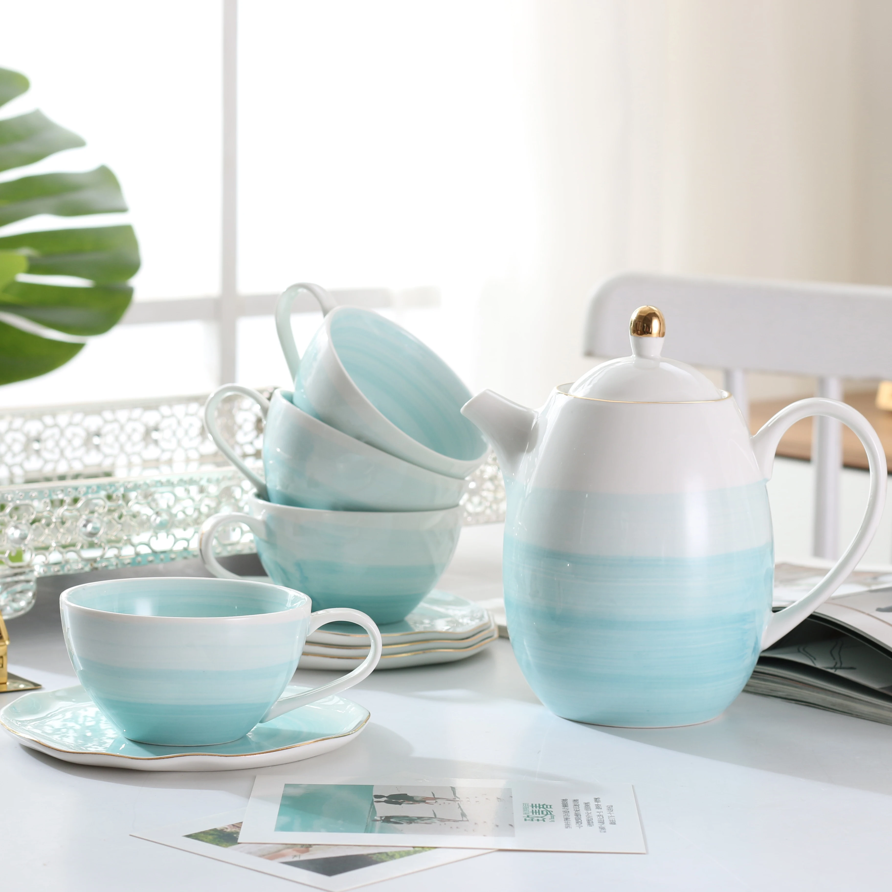 

Chinese Tea Set blue/pink Ceramic Teapot Handmade Teapot Teacup Tureen suit Tea Ceremony Beautiful and Easy Kettle