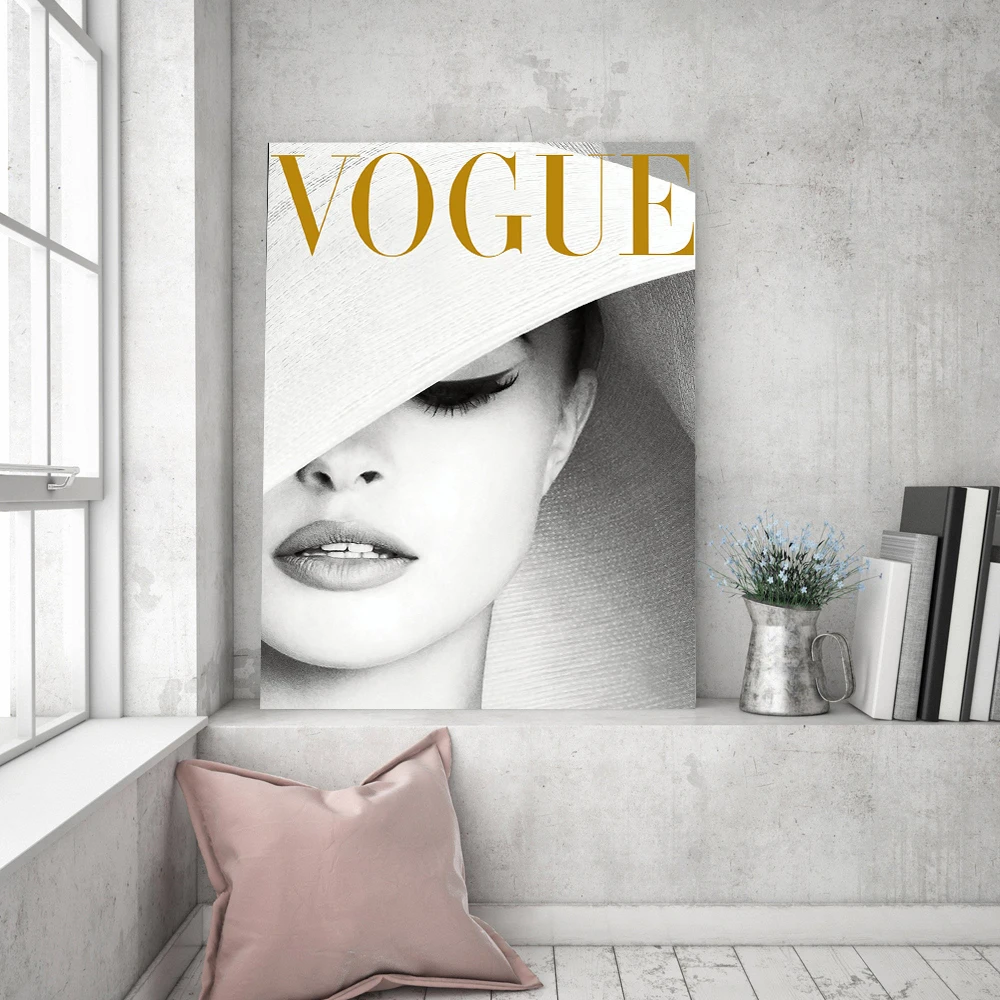 Vogue покрытие белая шляпа Художественная Картина на холсте настенные картины Модная фотография холст художественные принты и плакаты Сексуальная дамская комната Декор