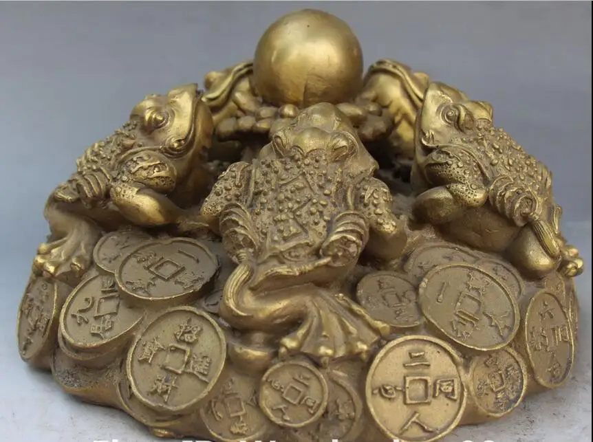 

8" Chinese Folk Feng shui Bronze Wealth Money Carving Animal Golden Toad Statue