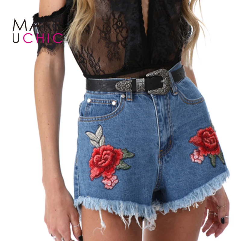 MAKEUCHIC Apparel Blue Women Shorts Sexy Rose Embroidery Casual Shorts