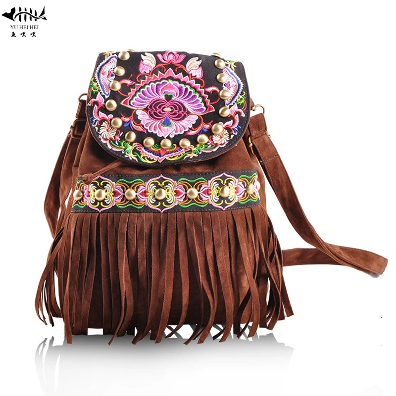 Vintage Embroidery Flower Backpack Bags Women Fringe Tassel Bohemian