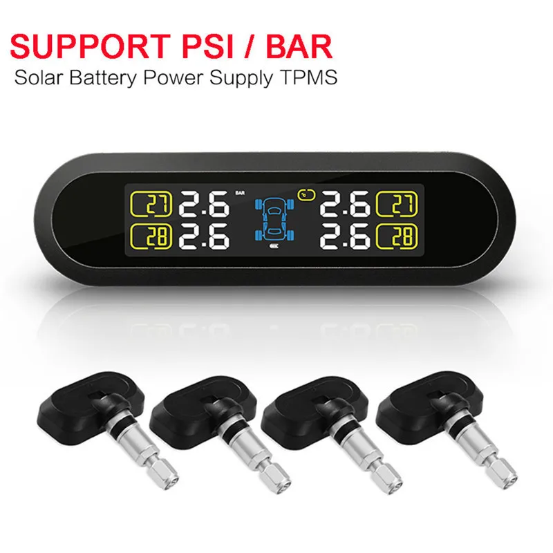 

Solar Power & USB Charge TPMS LCD Display Car Wireless Tire Tyre Pressure Monitoring System 4 External/ Internal Sensors