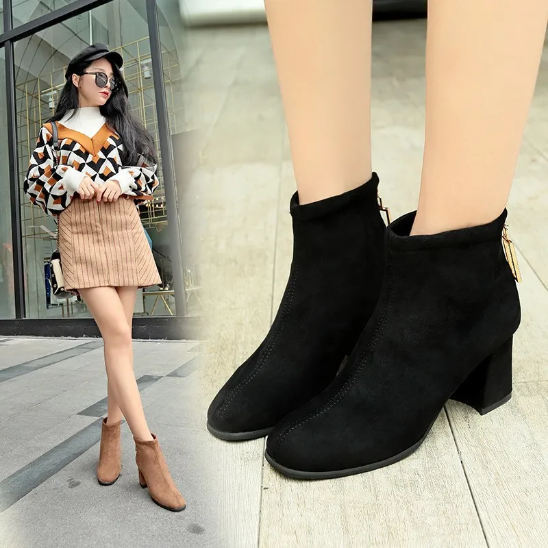 Martin Pointu De Khaki noir D'hiver Solide Carré Chelsea Chaussures Dames Bottes Bottines Zipper Haute Bout Laine Femmes Cheville Talon 4q3jc5ARLS