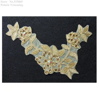

Free Shipping 2pcs/lot x Newest Gold Flower Embroidery Sequined Beaded Stoned Lace Appliques Trim Patch Sewing DIY Craft PBNC79E