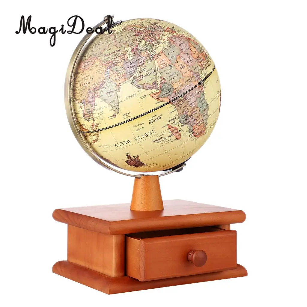 Vintage Wooden Base World Map Globe Decorative Desktop Rotating Geography Globe Educational Gifts