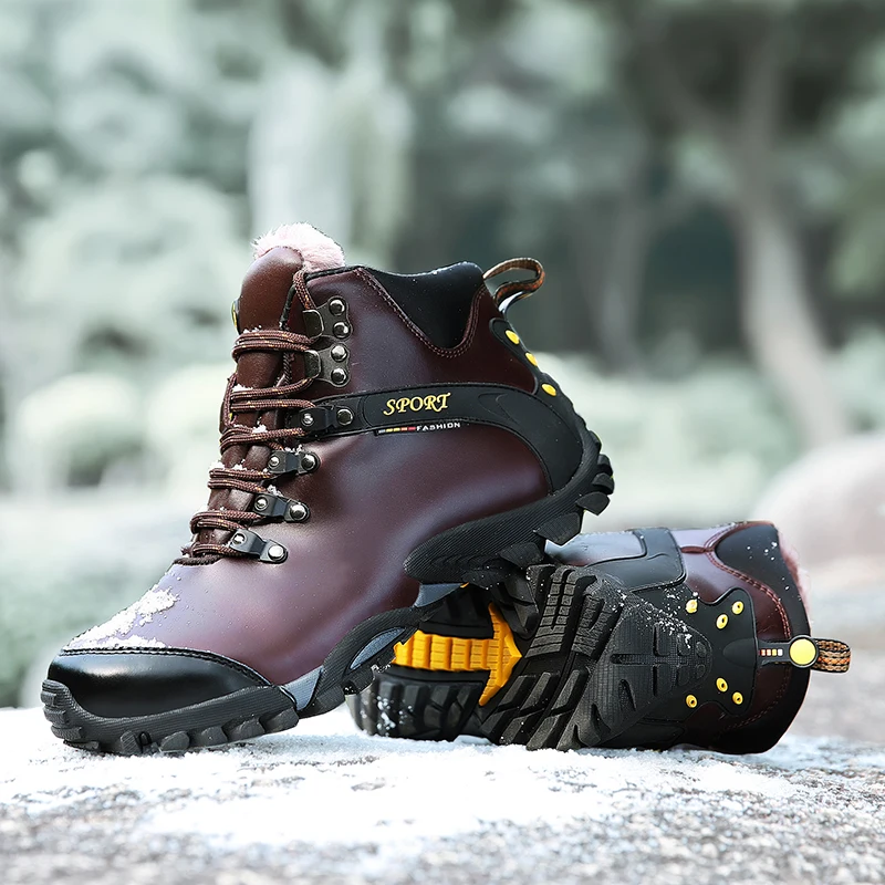 

YRRFUOT Men Winter Plus Velvet Snow Boots Outdoor Leather Thick Bottom Waterproof Cotton Shoes Brand High Top Fashion Sneakers
