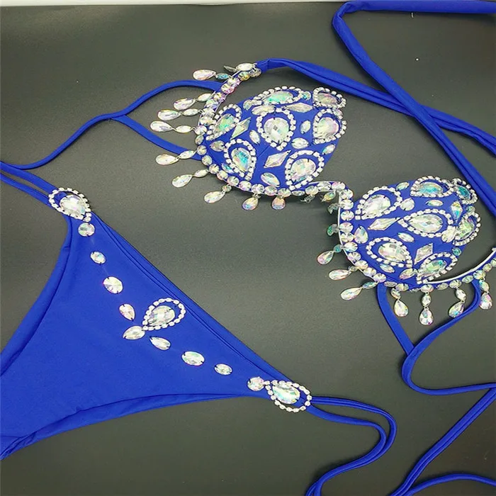 Сексуальный Холтер Кристальный купальник со стразами Стразы бриллиантовый серебряный комплект бикини женский купальник пуш-ап купальники женские купальные костюмы - Цвет: Синий
