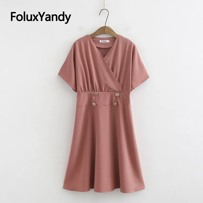 

Buttons Office Lady Dress Women V-neck Vestidos Plus Size Solid Short Sleeve Summer Chiffon Dress KKFY3790