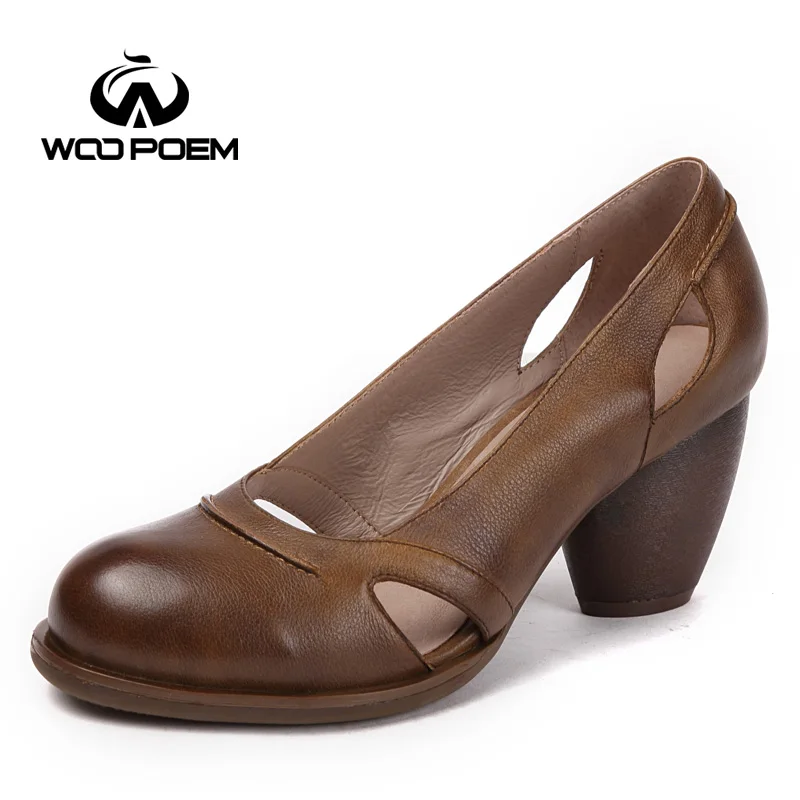 

WooPoem Brand High Heels Shoes Woman Genuine Leather Pumps Shallow Women Pumps Wedges Retro Round Toe Women Shoes 1688-15