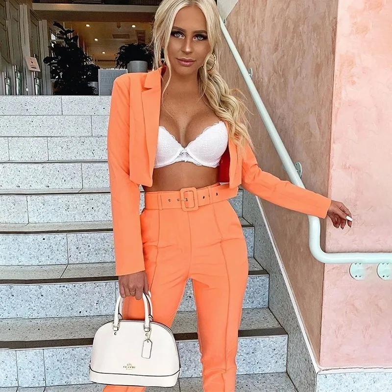 Causey Casual Women Suits Office Sets Fluorescence Neon Green Suit Women 2019 Crop Top And Pant Suits For Women Blazer Set