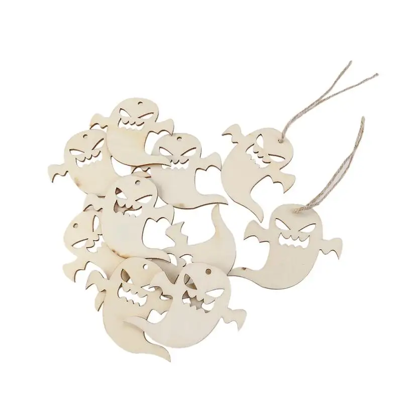 

10pcs Wooden Embellishments Halloween Decoration Snicker Ghost Pattern Pendant with Hemp Ropes
