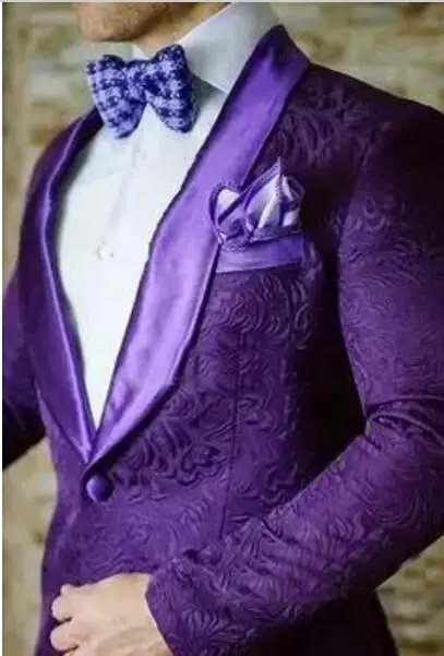 2019 Latest Coat Pant Designs Purple Jacquard Men Suit Slim Fit
