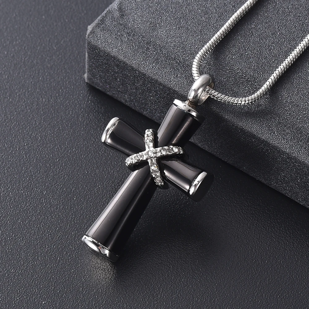 IJD12235 Solid Black Cross Cremation Urn Pendant with Crystal Collar