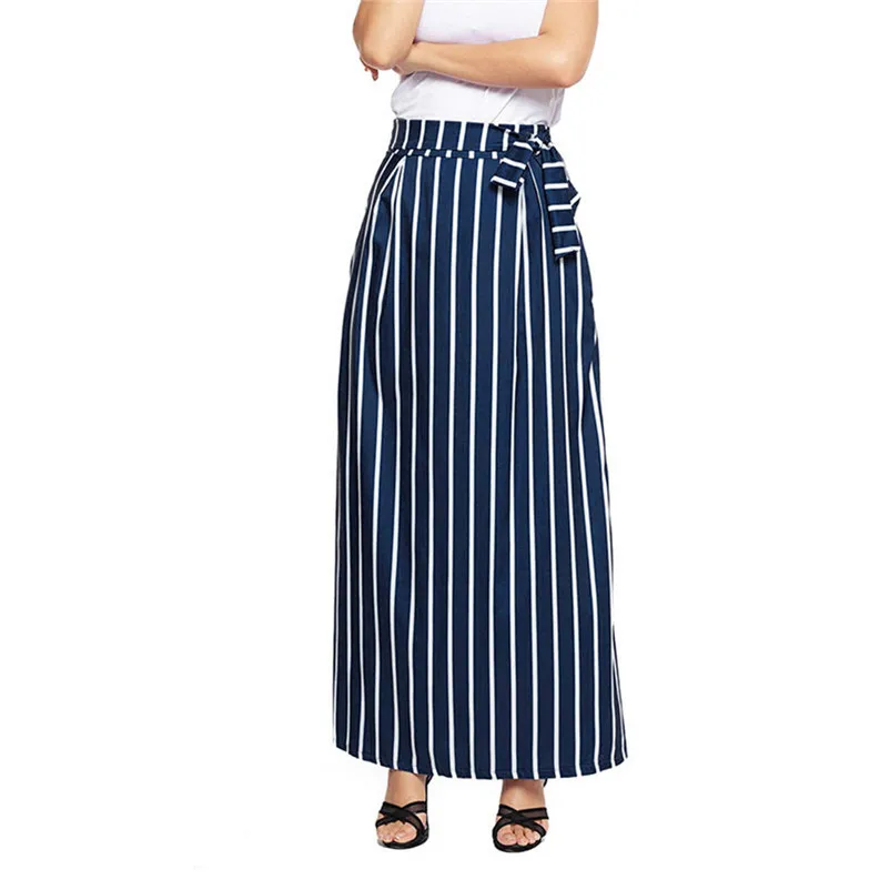 HOT sell Fashion 2018 Summer Skirt Womens Striped Ankle-length Chiffon Empire Lace-Up Vintage Long Skirt Femme Saia A06#N (5)