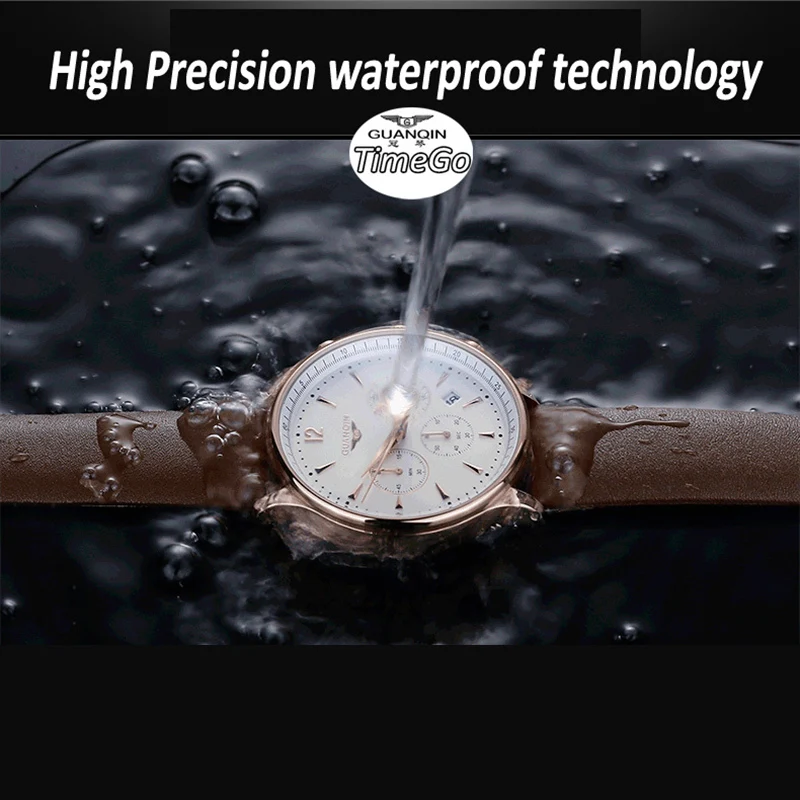 Мужские часы от роскошного бренда GUANQIN, спортивные часы, модные наручные часы с хронографом, водонепроницаемые, 50 м, натуральная кожа, кварцевые мужские часы