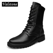 Valstone Hand made Combat boots men Genuine Leather boots Warm winter snow high tops velvet boots Motorcycle boots Plus size 50