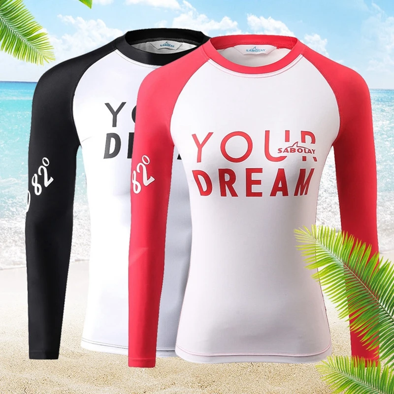 

SABOLAY Women Men Lovers Elastic surf Quick dry Beach Swimsuit Surfing Lycra Swim Rash Guards suit T-shirt + short Two piece