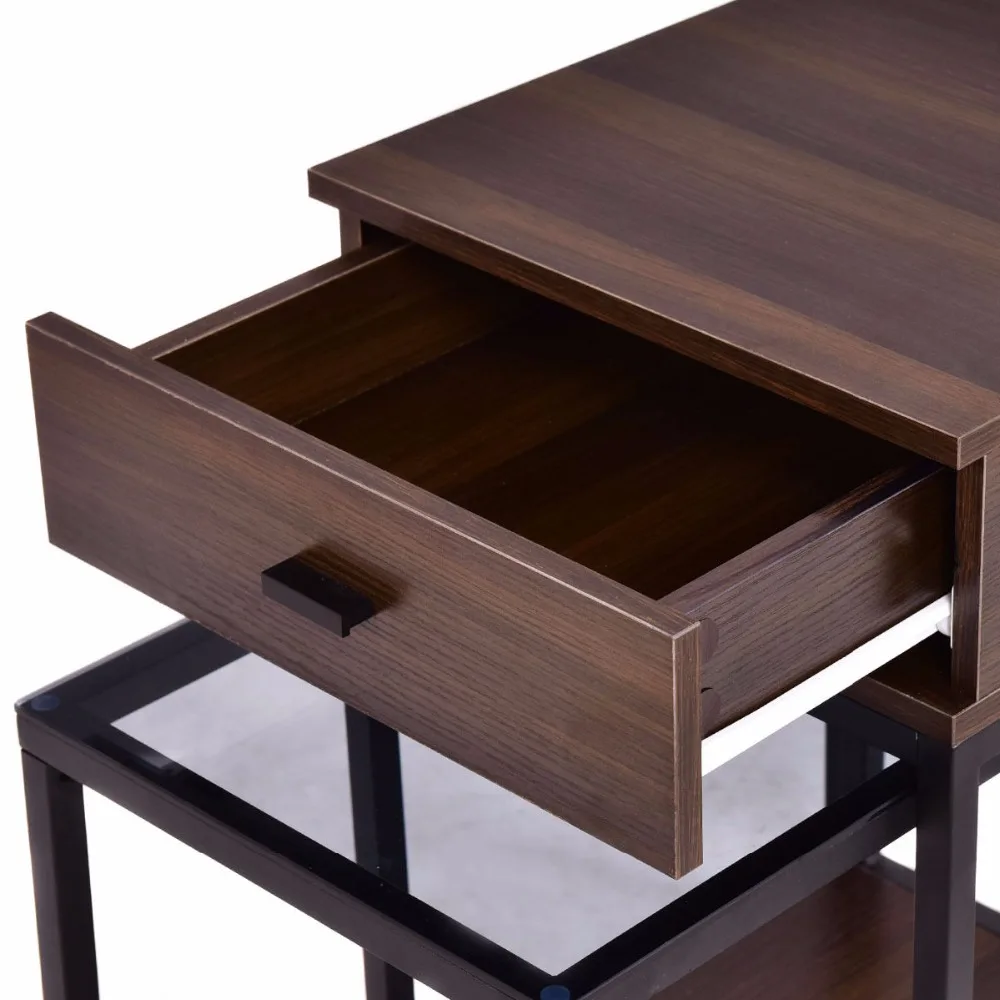 Goplus 2PCS Set Nesting Modern Coffee Side Table Wood Portable End Table Metal Frame Glass Top Coffee Tables with Drawer HW56083