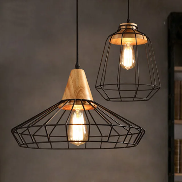 Nordic Retro Wire Mesh Cage Pendant Light Restaurant Coffee Nordic Retro Wire Mesh Cage Pendant Light Restaurant Coffee Solid Wood Iron Hanging Lamp