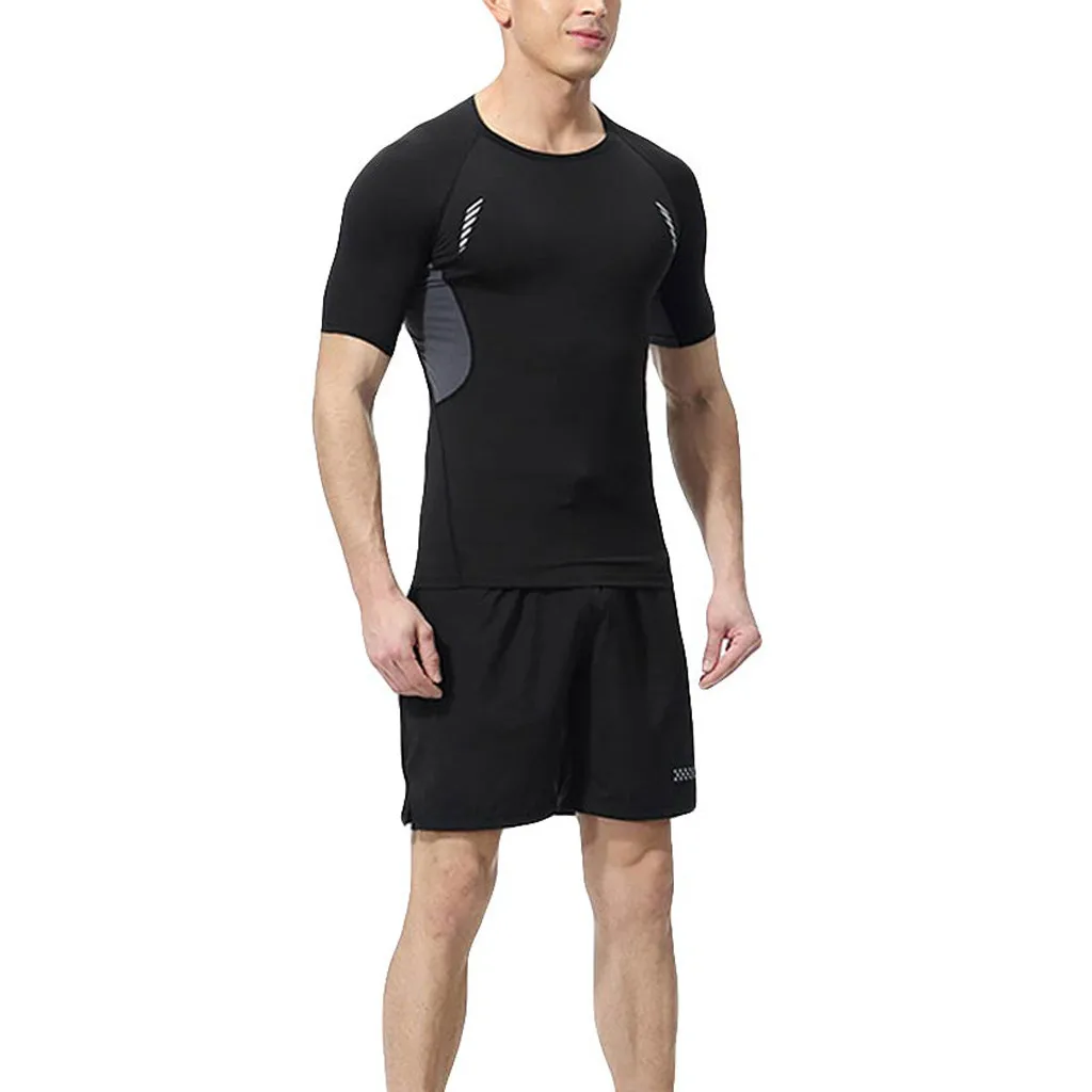 KLV мужские комплекты, модные мужские эластичные футболки для фитнеса, быстросохнущие топы, короткие штаны, спортивный облегающий костюм, качественный, горячая Распродажа, ткань 9520
