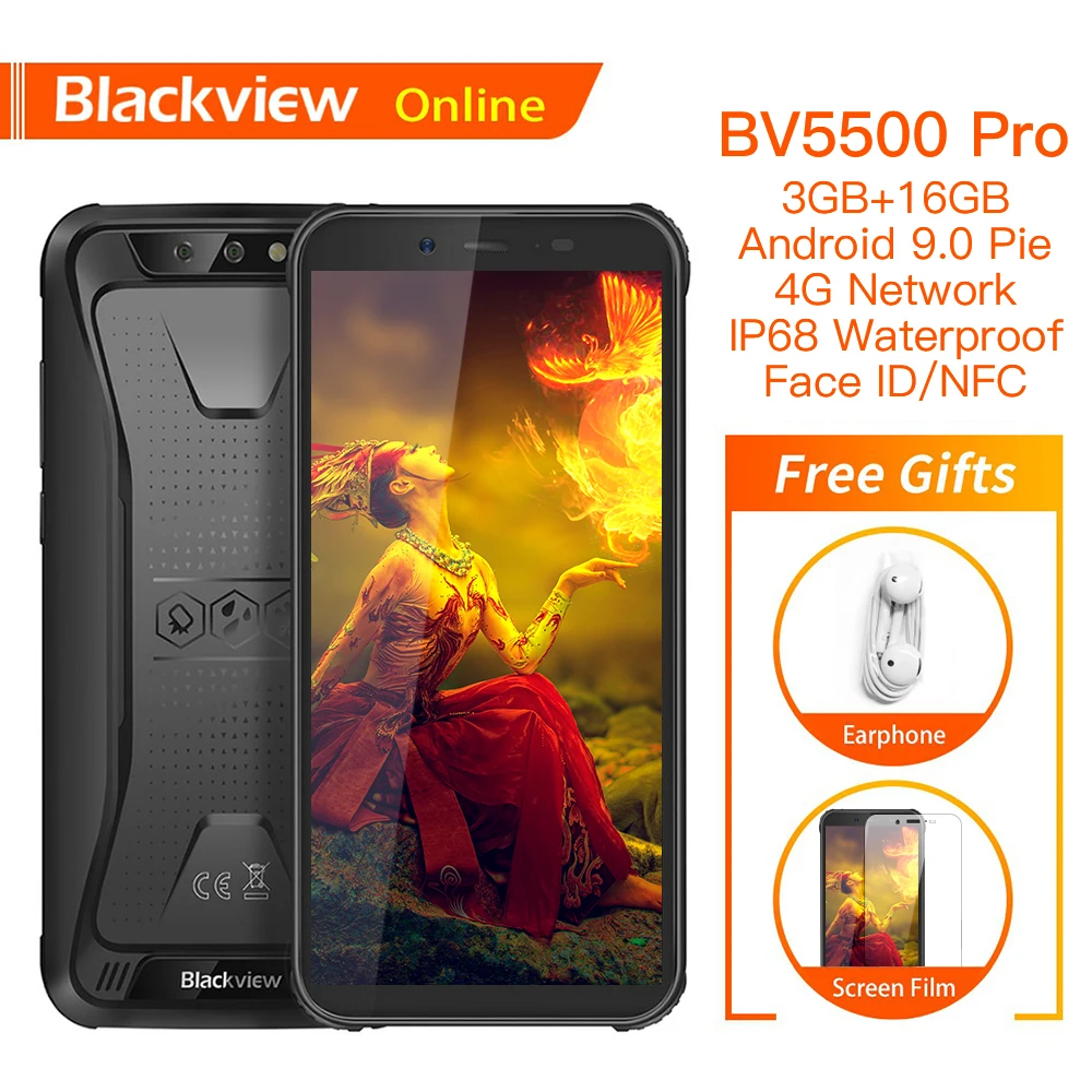 

Blackview BV5500 Pro Original IP68 Waterproof 5.5" Rugged Smartphone 4400mAh 3GB+16GB Android 9.0 Pie 4G Outdoor Mobile Phone
