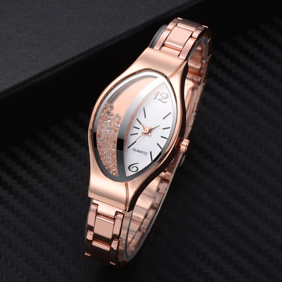 Buy Rose Gold Watches Women Stainless Steel Gold Roll Simulated Diamond Ellipse