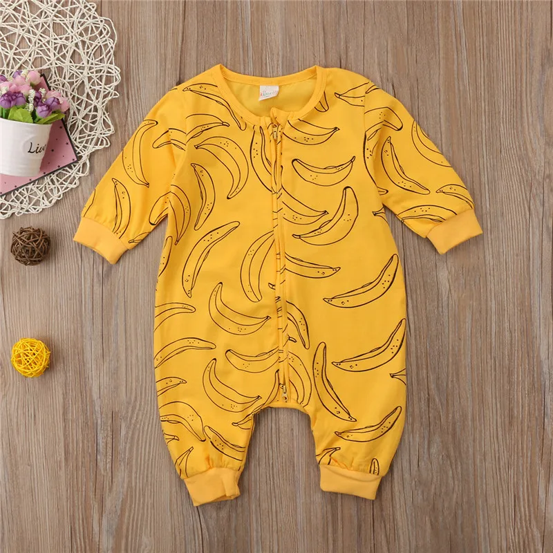 Для новорожденных, для маленьких мальчиков и девочек детский комбинезон, комбинезон костюмы пляжные, одежда наряды восхитительное детское платье желтый банан печать новорожденных комбинезон с длинными рукавами на возраст от 0 до 24 месяцев