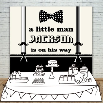 

Allenjoy Background Little man Birthday Invitation newborn baby shower Party Black Bow Banner Backdrop photocall customize