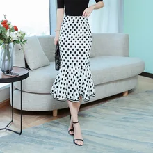 Элегантный в горошек Женская юбка-Русалка миди длинная весенне-летняя Офисная Женская Рабочая Юбка с высокой талией рыбий хвост юбка 3177LY
